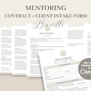 May include: A set of printable documents for a mentoring programme. The documents include a contract, client intake form, and confidentiality agreement. The documents are designed to be edited and personalised in Canva.