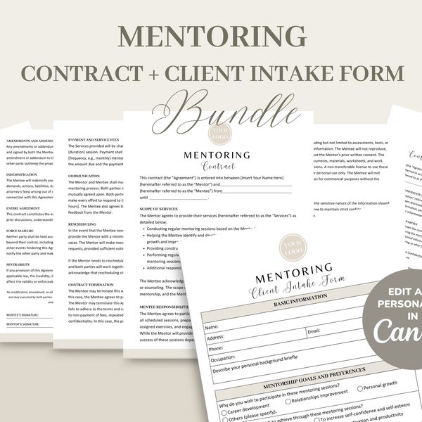 Mentoring Contract Agreement Template, Editable & Printable Life Coach and Mentoring Services New Client Intake Form, Invoice, CANVA