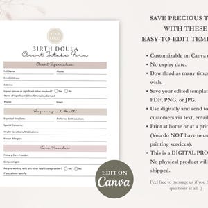 Birth Doula Contract Agreement, Birth Doula Client Intake Form, Editable Paperwork, Welcome Book, Price List Template, Invoice, CANVA image 11