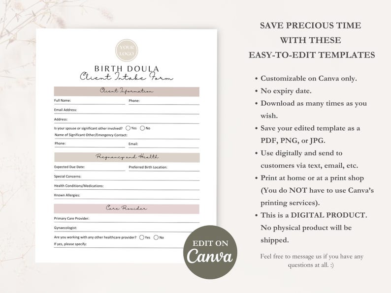 Birth Doula Contract Agreement, Birth Doula Client Intake Form, Editable Paperwork, Welcome Book, Price List Template, Invoice, CANVA image 11