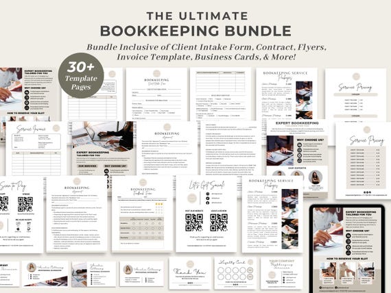 Bookkeeping Service Contract, Freelance Bookkeeper Client Intake Form, Editable Flyers Template, Invoice Template, Business Cards, CANVA