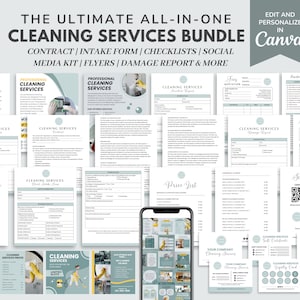 Cleaning Service Contract/Agreement Template, Cleaning Business Bundle Intake Form, Cleaning Checklist, Price List, Social Media Post, CANVA