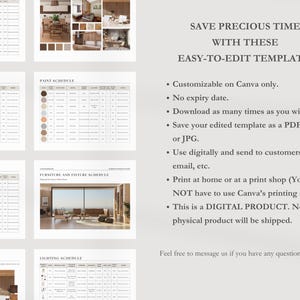 May include: A set of printable interior design templates for planning and organizing a room. The templates include schedules for paint, furniture, fixtures, and lighting. The text on the image reads "Save precious time with these easy-to-edit templates".