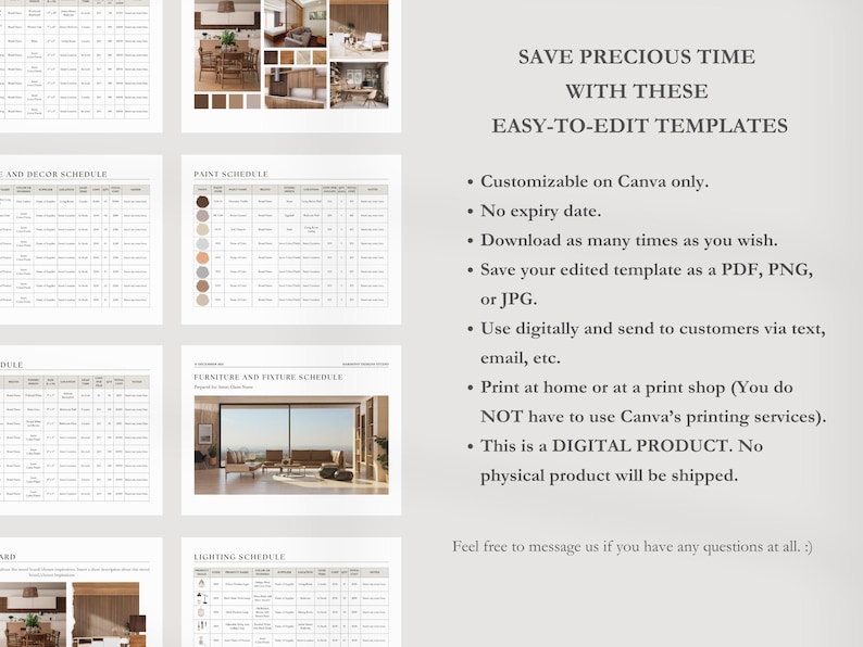 May include: A set of printable interior design templates for planning and organizing a room. The templates include schedules for paint, furniture, fixtures, and lighting. The text on the image reads "Save precious time with these easy-to-edit templates".