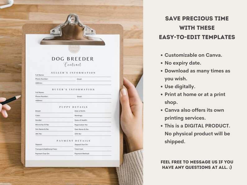 May include: A clipboard with a "DOG BREEDER Contract" form. The form includes sections for seller and buyer information, puppy details, and payment details. Text on the right side advertises easy-to-edit templates, customizable on Canva, and a digital product.