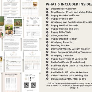 May include: A checklist of items included in a dog breeder's puppy package. The checklist includes items such as a dog breeder contract, puppy health certificate, puppy profile form, whelping and socialization checklists, puppy medical records, puppy routine and diet, puppy bill of sale, sale quotation, puppy deposit receipt, whelping records, feeding tracker, daily and weekly weight tracker, dam, puppy, and whelping temperature tracker, whelping calendar, puppy sale flyers, birth certificate, business signs, price lists, and video tutorials. The checklist is available in US Letter and A4 sizes and can be downloaded as a PDF, PNG, or JPG.