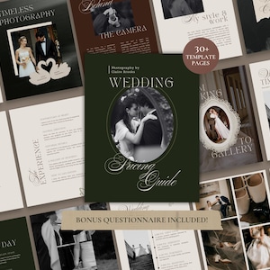 May include: A collection of wedding photography pricing guide templates featuring dark green, black, and cream pages with elegant typography, black and white wedding photographs, and a circular frame design. The text includes Photography by Claire Brooks, Wedding Pricing Guide, and 30+ Template Pages.