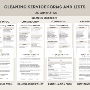 May include: A set of printable cleaning service forms and checklists for move in/out, construction, commercial, and residential cleaning. The forms include a photo and video release form, cancellation policy, cancellation form, and confidentiality agreement.