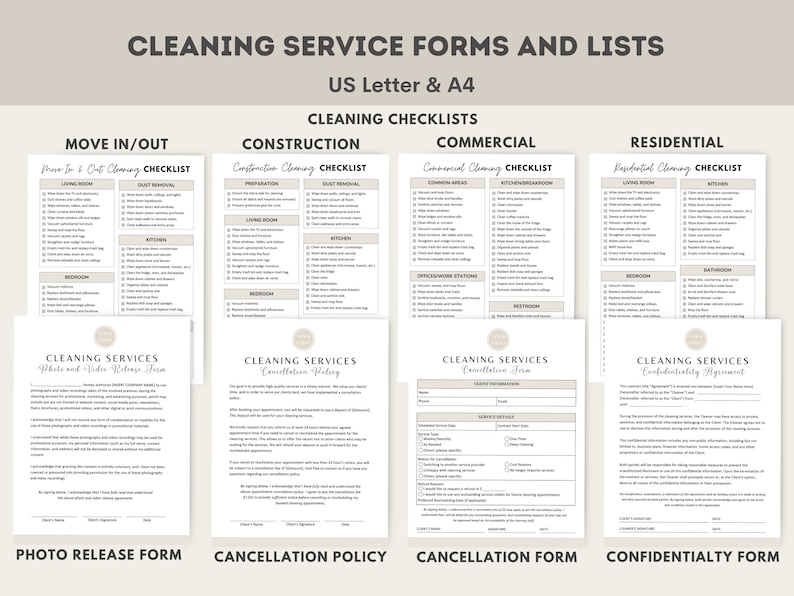 May include: A set of printable cleaning service forms and checklists for move in/out, construction, commercial, and residential cleaning. The forms include a photo and video release form, cancellation policy, cancellation form, and confidentiality agreement.