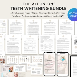 May include: A comprehensive teeth whitening bundle featuring forms, instructions, and business cards. The design includes client intake forms, consent forms, aftercare cards, and business cards. The text includes "Teeth Whitening" and "Edit on Canva".