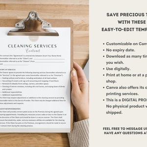 May include: A white cleaning services contract template on a clipboard. The contract includes sections for scope of services, client responsibilities, and additional responsibilities. The text "Cleaning Services Contract" is at the top of the document.