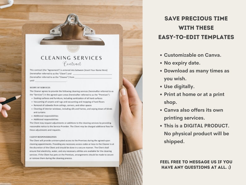 May include: A white cleaning services contract template on a clipboard. The contract includes sections for scope of services, client responsibilities, and additional responsibilities. The text "Cleaning Services Contract" is at the top of the document.