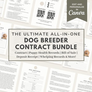 Plantilla de acuerdo de contrato de criador de perros, formularios de venta de cachorros, tablas de adopción y parto de cachorros, factura de venta/recibo de depósito de cachorros CANVA