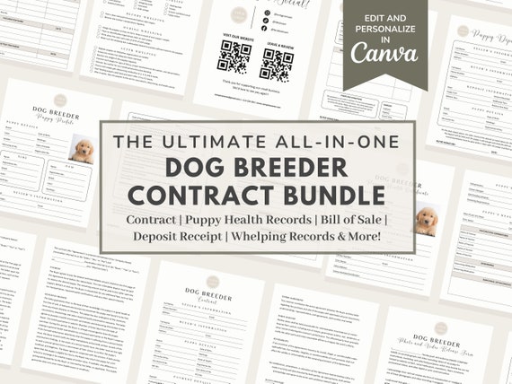 Dog Breeder Contract Agreement Template, Puppy Sale Forms, Puppy Adoption & Dog Whelping Charts, Puppy Bill of Sale/Deposit Receipt CANVA