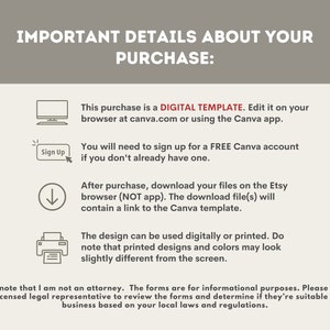 May include: A beige graphic with the text "IMPORTANT DETAILS ABOUT YOUR PURCHASE:" and information about a digital template. The text explains how to use the template, including signing up for a free Canva account and downloading files.