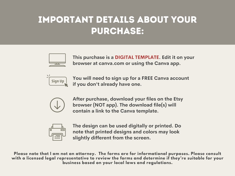 May include: A beige graphic with the text "IMPORTANT DETAILS ABOUT YOUR PURCHASE:" and information about a digital template. The text explains how to use the template, including signing up for a free Canva account and downloading files.