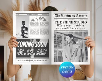 Business Newspaper Template, Editable Newspaper Announcement New Business/Large Newspaper for Opening Soon Photoshoot Instant Download CANVA
