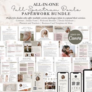 May include: A comprehensive doula paperwork bundle with the text "ALL-IN-ONE Full-Spectrum Doula PAPERWORK BUNDLE". Includes contracts, intake forms, welcome booklets, handouts, planners, trackers, and business card templates. The documents are in shades of beige and pink.