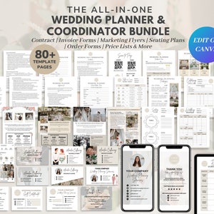 May include: A digital product bundle for wedding planners and coordinators. The bundle includes 80+ templates, including contracts, invoices, marketing flyers, seating plans, order forms, price lists, and more. The templates are designed to be edited in Canva.