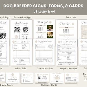 May include: A collection of dog breeder signs, forms, and cards. Includes "Let's Get Social" and "Scan to Pay" signs, price lists, bill of sale, sale quotation, deposit receipt, and sale receipt forms. Also includes thank you and business cards. Cards come in 3.5 x 2 in and 5.5 x 4.25 in sizes.