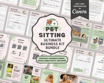 Dierenoppasserviceovereenkomst/contractsjabloon, bewerkbare/afdrukbare nieuwe klantenintake, factuurformulier, sociale media Insta-berichten, CANVA