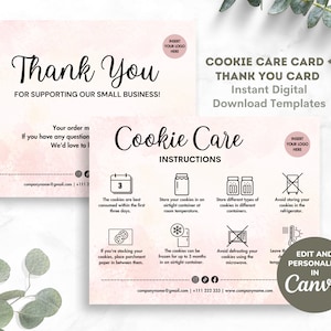 Cookie Care Instruction Cards Canva Template, Editable & Printable Cookie Care Guide Digital Download, Bakery Thank You Card