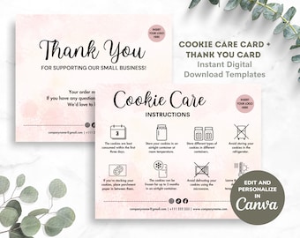 Cookie Pflege Anleitung Karten Canva Vorlage, bearbeitbare & druckbare Cookie Pflege Anleitung digitaler Download, Bäckerei Danke Karte
