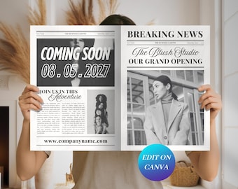 Business Newspaper Template, Editable Newspaper Announcement New Business/Large Newspaper for Opening Soon Photoshoot Instant Download CANVA