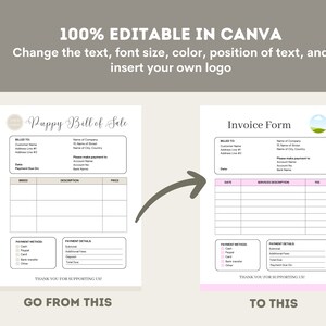 May include: Editable template for a puppy bill of sale and an invoice form. Both forms have sections for billing information, payment details, and a table for listing items. The puppy bill of sale has a section for breed, description, and price. The invoice form has a section for date, service description, and fee. Both forms have a "Thank you for supporting us!" message at the bottom.