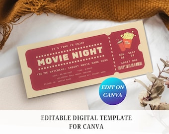 Può includere: Un design di biglietto cinematografico in stile vintage con un pannello centrale rosso e bordi color crema. Il biglietto recita "Movie Night" e include i dettagli per il nome del film, la data, l'ora e il luogo. Un grafico di popcorn e bevande è a destra. È presente anche il testo "Edit on Canva".