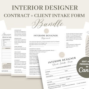 Puede incluir: Un paquete de formularios de diseño de interiores, que incluye un contrato, un formulario de admisión de clientes y una cotización de servicios. Los formularios están impresos en papel blanco con una combinación de colores neutros y tipografía elegante. El texto "Edit and Personalize in Canva" también es visible.