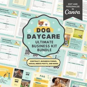 Hundekindertagesstätte Servicevereinbarung / Vertragsvorlage, bearbeitbare Haustiertagesstätte Neukundenaufnahme & Rechnungsformular Business Kit Bundle, CANVA