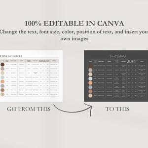 May include: A before and after image showing how to edit a paint schedule template in Canva. The original template is on a white background with a black and white color palette. The edited template is on a dark gray background with a brown and beige color palette. The text "PAINT SCHEDULE" is at the top of both templates.