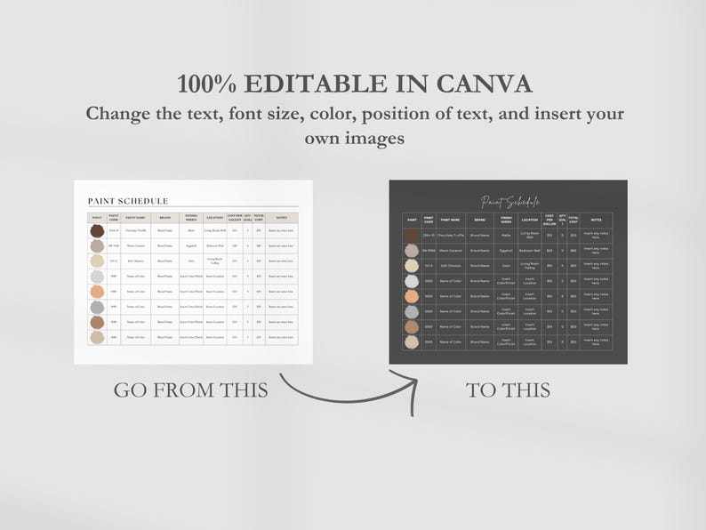 May include: A before and after image showing how to edit a paint schedule template in Canva. The original template is on a white background with a black and white color palette. The edited template is on a dark gray background with a brown and beige color palette. The text "PAINT SCHEDULE" is at the top of both templates.