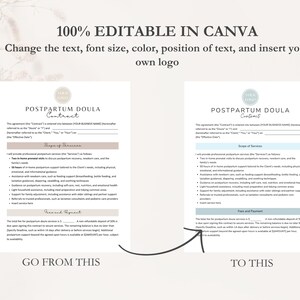 K&ouml;nnte beinhalten: Ein Vorher-Nachher-Bild, das zeigt, wie man eine Vorlage f&uuml;r einen Postpartum-Doula-Vertrag in Canva bearbeitet. Der Text "GO FROM THIS" befindet sich &uuml;ber der urspr&uuml;nglichen Vertragsvorlage und der Text "TO THIS" &uuml;ber der bearbeiteten Vertragsvorlage. Die Vertragsvorlage ist in einem hellblauen und wei&szlig;en Farbschema mit einem einfachen Design gehalten.