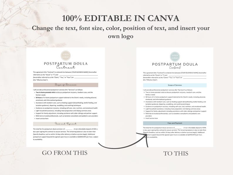 K&ouml;nnte beinhalten: Ein Vorher-Nachher-Bild, das zeigt, wie man eine Vorlage f&uuml;r einen Postpartum-Doula-Vertrag in Canva bearbeitet. Der Text "GO FROM THIS" befindet sich &uuml;ber der urspr&uuml;nglichen Vertragsvorlage und der Text "TO THIS" &uuml;ber der bearbeiteten Vertragsvorlage. Die Vertragsvorlage ist in einem hellblauen und wei&szlig;en Farbschema mit einem einfachen Design gehalten.