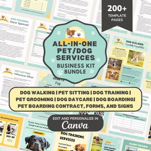 Può includere: Un pacchetto di modelli aziendali per servizi per animali domestici, tra cui moduli, contratti e insegne. Il design presenta una combinazione di colori verde acqua e bianco con grafica a tema cani e il testo "All-in-One Pet/Dog Services Business Kit Bundle".