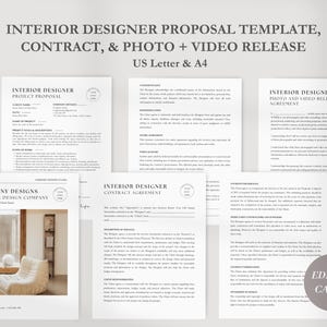 May include: A set of four printable documents for interior designers. The documents include a project proposal, contract agreement, photo and video release agreement, and a company branding page. The documents are in a minimalist style with black text on a white background.