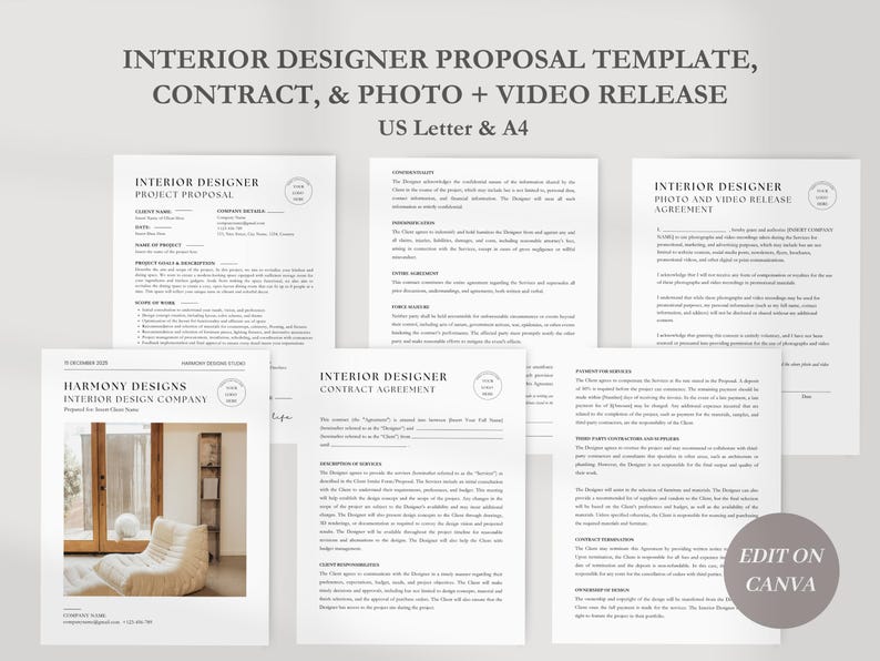May include: A set of four printable documents for interior designers. The documents include a project proposal, contract agreement, photo and video release agreement, and a company branding page. The documents are in a minimalist style with black text on a white background.
