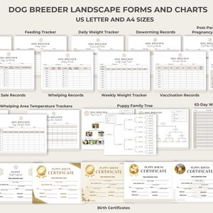 May include: A set of printable dog breeder forms and charts in US Letter and A4 sizes. The forms include litter records, feeding tracker, daily weight tracker, deworming records, post-partum and pregnancy records, puppy sale records, whelping records, weekly weight tracker, vaccination records, puppy family tree, 63-day whelping calendar, dam, puppy, and whelping area temperature trackers, and puppy birth certificates.