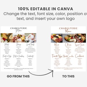 K&ouml;nnte beinhalten: Eine digitale Charcuterie-Men&uuml;vorlage, bearbeitbar in Canva. Die Speisekarte ist in Abschnitte f&uuml;r Fleisch, K&auml;se, s&uuml;&szlig;e Leckereien, Obst & Gem&uuml;se, N&uuml;sse & Cracker und Gew&uuml;rze unterteilt. Das Bild zeigt ein Vorher-Nachher-Design.