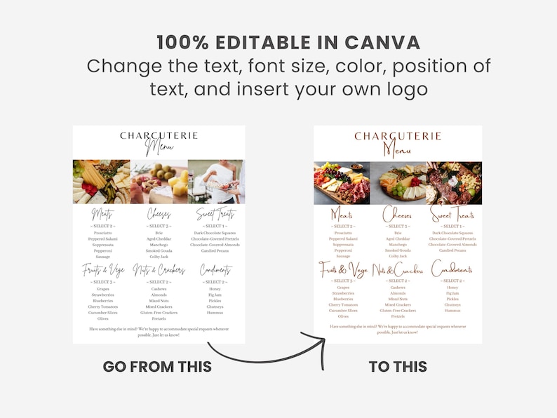 K&ouml;nnte beinhalten: Eine digitale Charcuterie-Men&uuml;vorlage, bearbeitbar in Canva. Die Speisekarte ist in Abschnitte f&uuml;r Fleisch, K&auml;se, s&uuml;&szlig;e Leckereien, Obst & Gem&uuml;se, N&uuml;sse & Cracker und Gew&uuml;rze unterteilt. Das Bild zeigt ein Vorher-Nachher-Design.