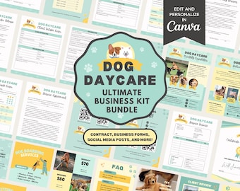 Dog Daycare Service Agreement/Contract Template, Editable Pet Daycare New Client Intake & Invoice Form Business Kit Bundle, CANVA