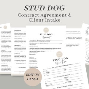 Stud Dog Contract Template, Professional Breeding Services Agreement, Dog Breeder Forms, Editable and Printable Client Intake Form, CANVA