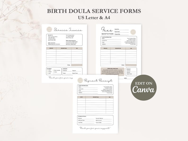 Birth Doula Contract Agreement, Birth Doula Client Intake Form, Editable Paperwork, Welcome Book, Price List Template, Invoice, CANVA image 8