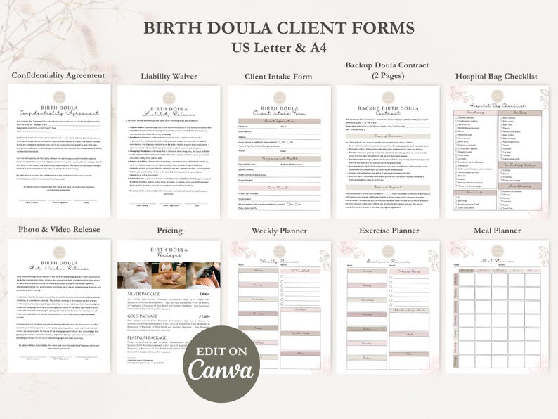 Birth Doula Contract Agreement, Birth Doula Client Intake Form, Editable Paperwork, Welcome Book, Price List Template, Invoice, CANVA image 5