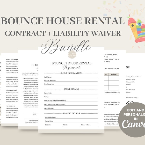 Bounce House Rental Contract Agreement Template, Editable/Printable Inflatables Contract & Liability Agreement, Invoice, Quotation, CANVA