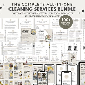 Cleaning Service Contract/Agreement Template, Cleaning Business Bundle Intake Form, Cleaning Checklist, Price List, Social Media Post, CANVA