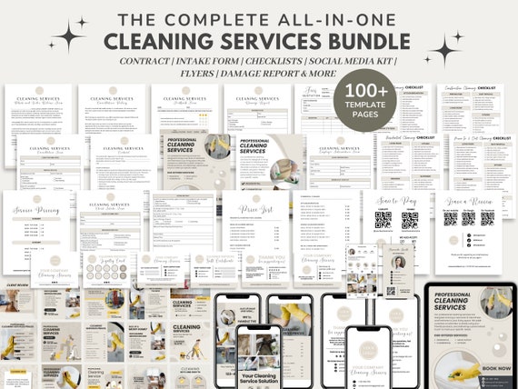 Cleaning Service Contract/Agreement Template, Cleaning Business Bundle Intake Form, Cleaning Checklist, Price List, Social Media Post, CANVA