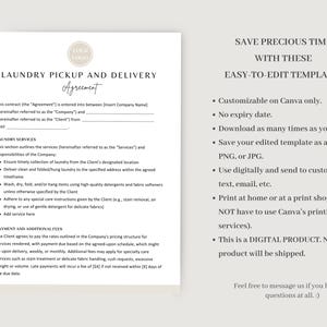 May include: A printable laundry pickup and delivery agreement template. The template is customizable on Canva and can be downloaded as many times as you wish. The template can be saved as a PDF, PNG, or JPG. The template can be used digitally and sent to customers via text, email, etc. The template can be printed at home or at a print shop. This is a digital product and no physical product will be shipped.